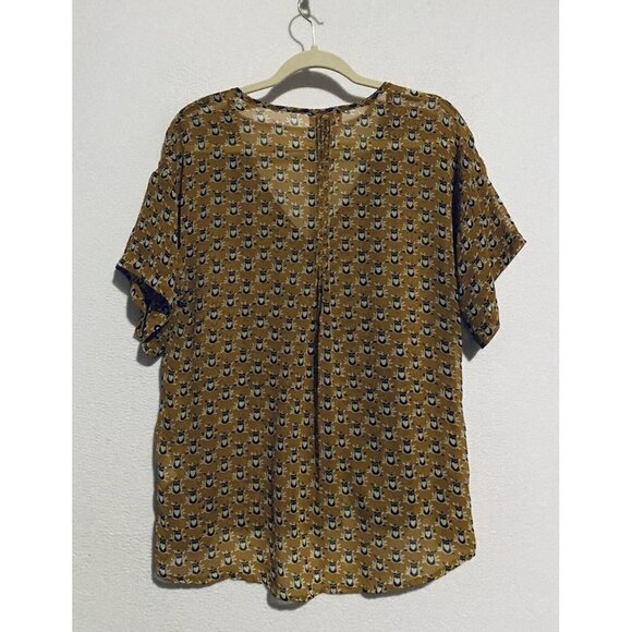 Latiste by Amy Top Womens Medium Allover Cat Print Pleated Button Front Sheer - Picture 3 of 6